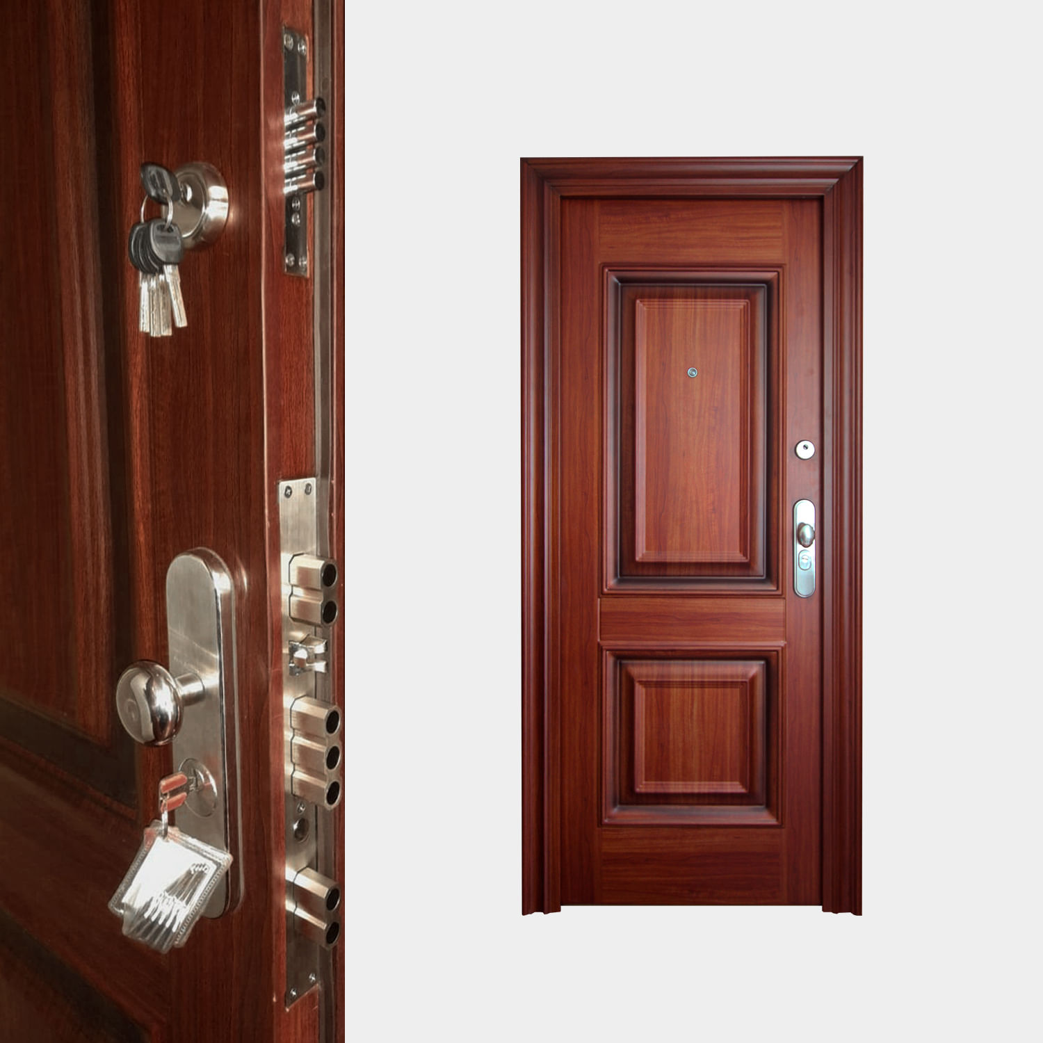 Puerta de Acero de Seguridad Rino Doors Modelo Sapa Light Color madera 89cm x 209cm con Apertura L