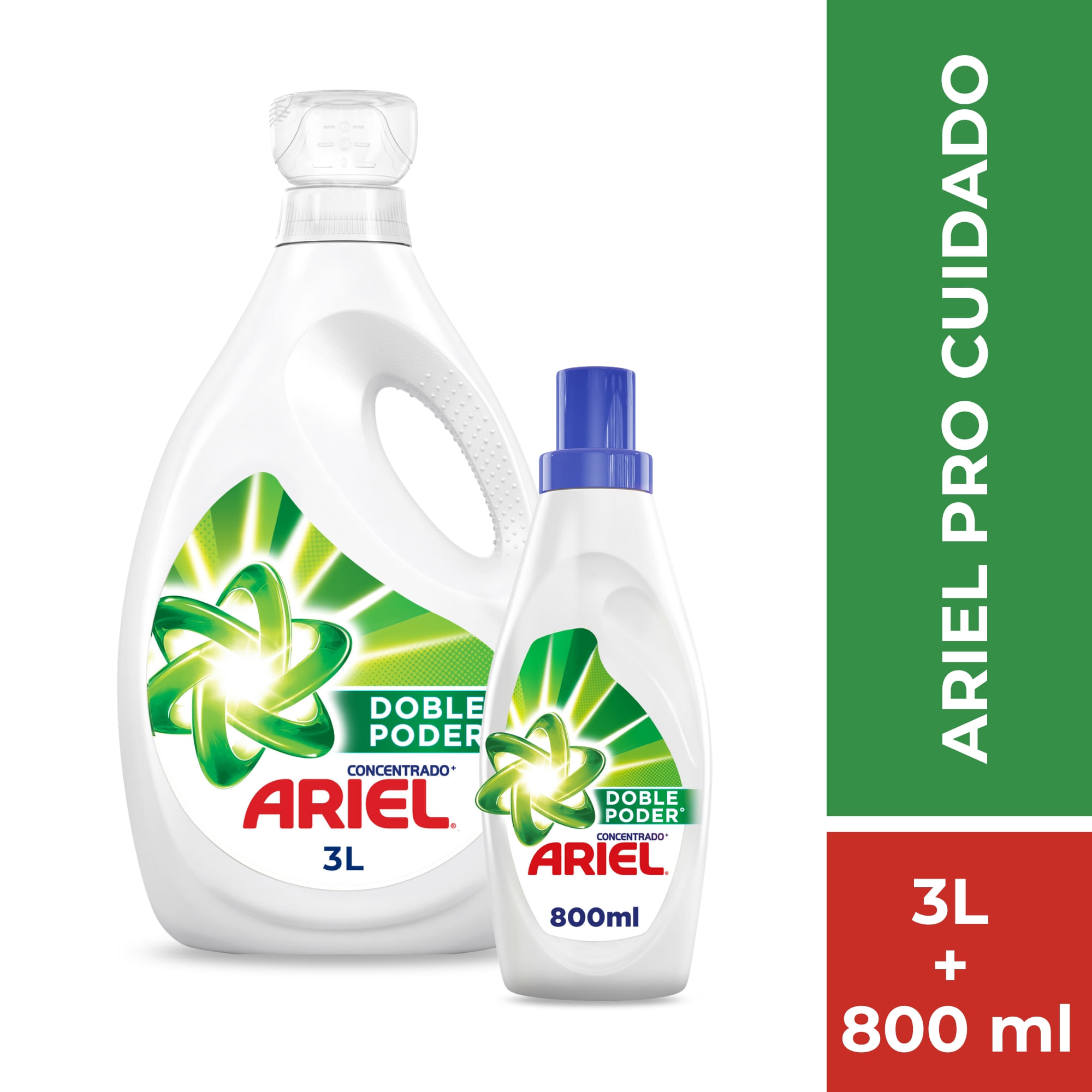 Pack Detergente líquido ARIEL Concentrado Galonera 3000ml + Detergente Líquido ARIEL Doble Poder Botella 800ml