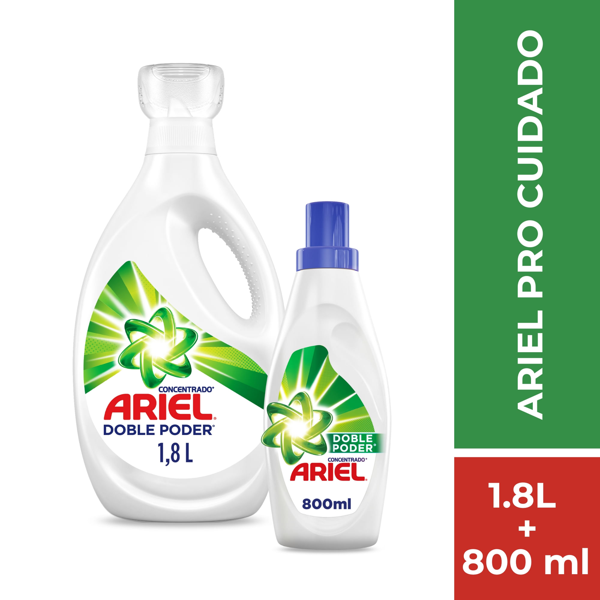 Pack Detergente Líquido ARIEL Doble Poder Botella 800ml + Detergente Líquido ARIEL Concentrado Botella 1.8L