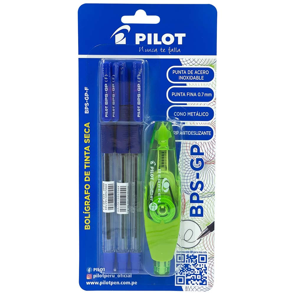 Bolígrafo PILOT BPS-GP-L  Azul-3PK + Corrector
