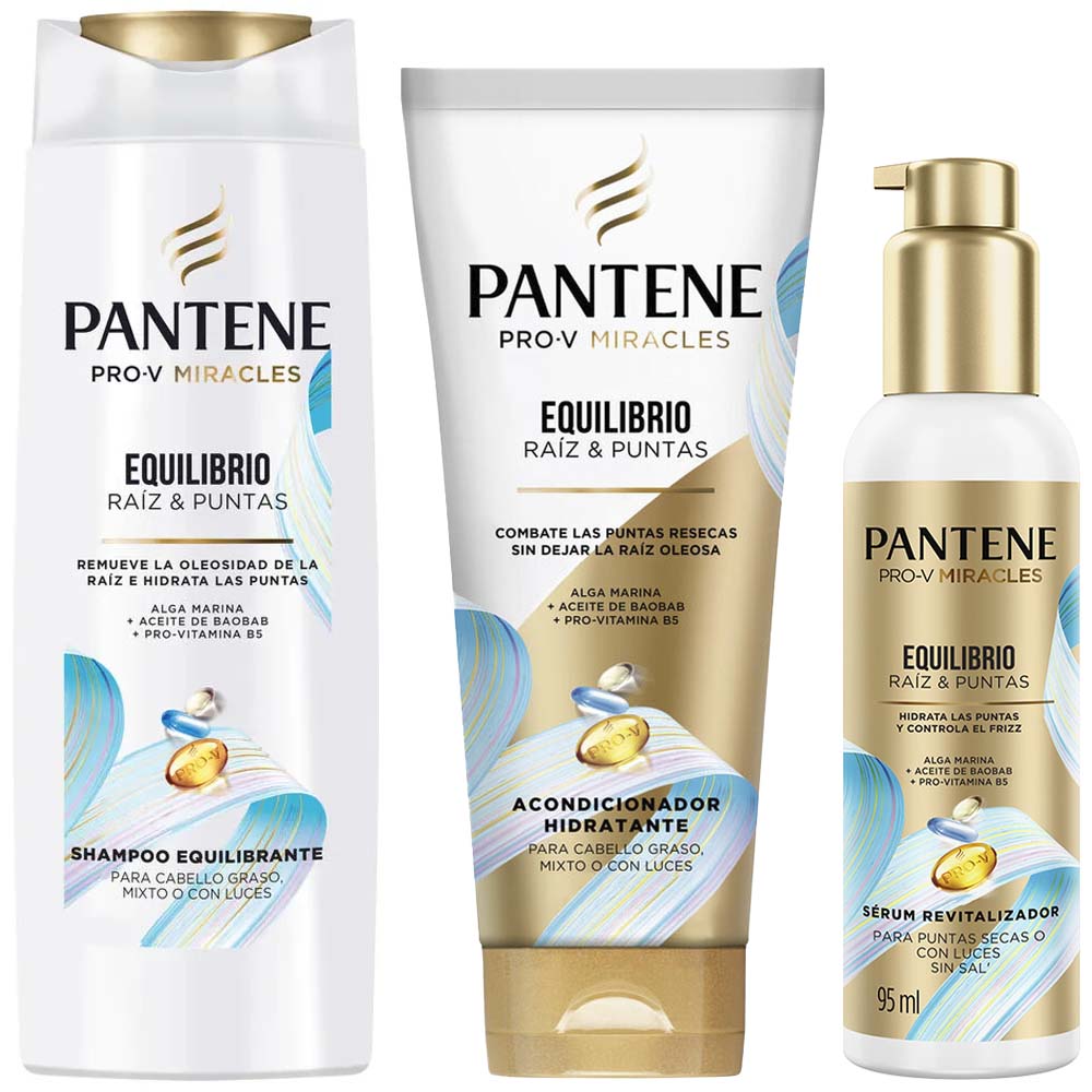 Pack PANTENE Shampoo Pro-V Miracles Equilibrio Raíz y Puntas 300ml + Acondicionador Hidratante 250ml + Sérum Revitalizador 95ml