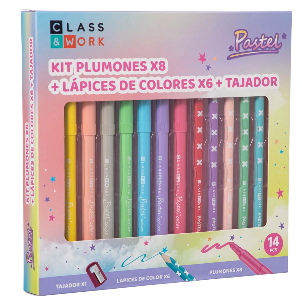 Kit CLASS&WORK Pluma 8un + Lápices 6un + Tajador Pastel