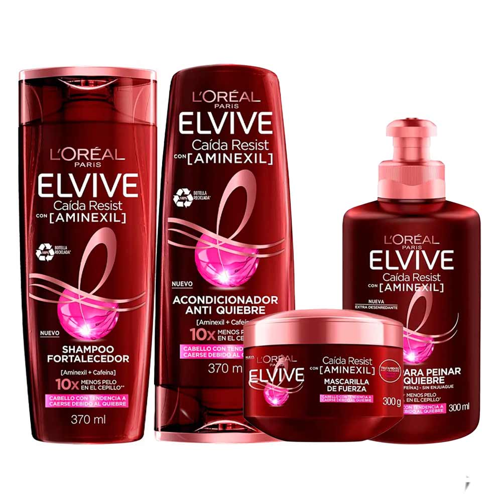 Pack ELVIVE Anti-Caída Aminexil Shampoo 370ml + Acondicionador 370ml + Crema Tratamiento 300ml + Crema para Peinar 300ml