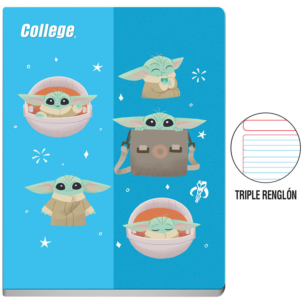 Cuaderno Deluxe Grapados COLLEGE Triple Renglón 80hj Tinkerbell Baby Yoda (Modelos Aleatorios)