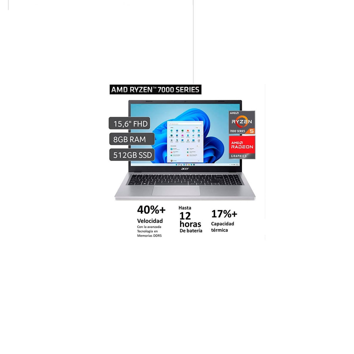 Laptop Acer de 15.6 Pulg modelo A315 24P R2M5 Procesador AMD Ryzen 5 7520U  8GB Ram512GB ssd