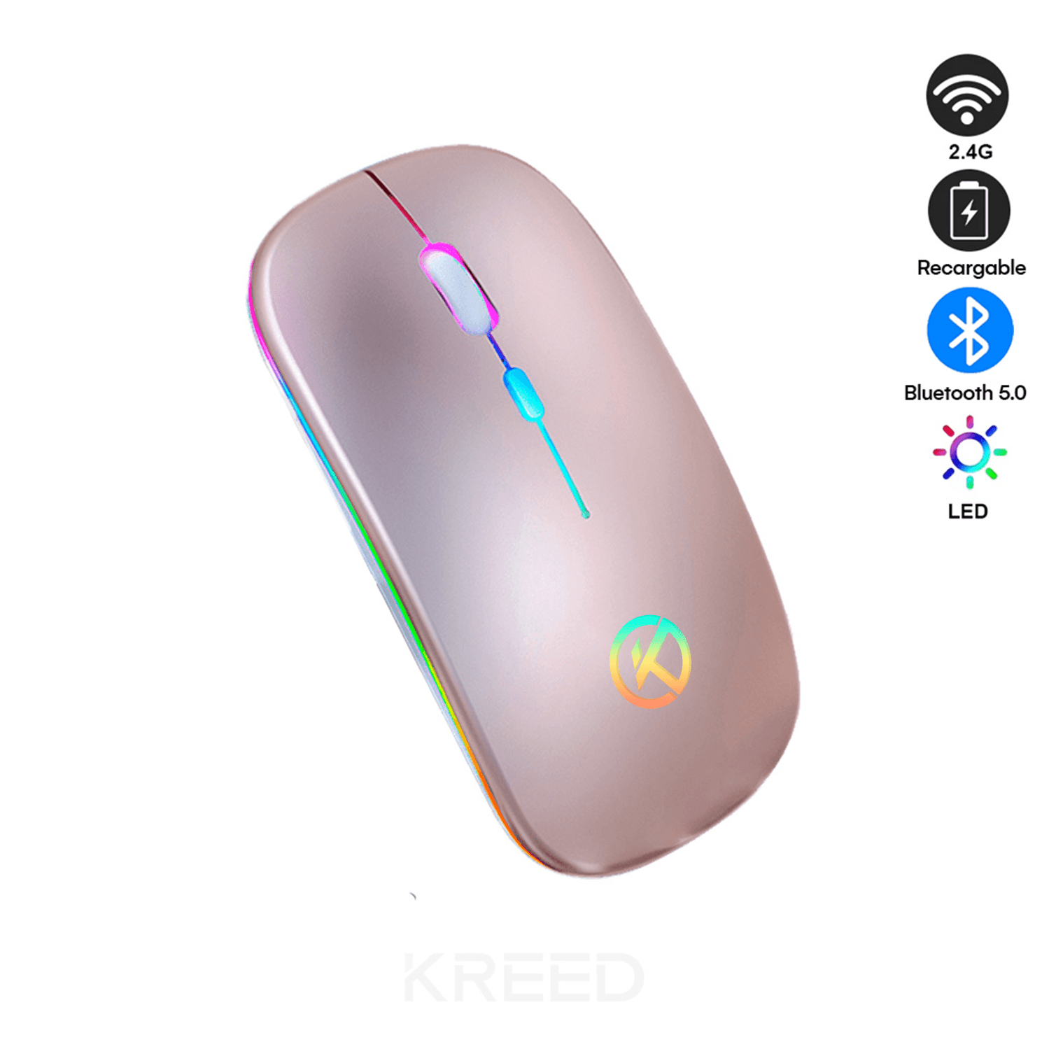 Mouse Inalámbrico RGB Recargable Bluetooth y 2.4G - Rosa K302