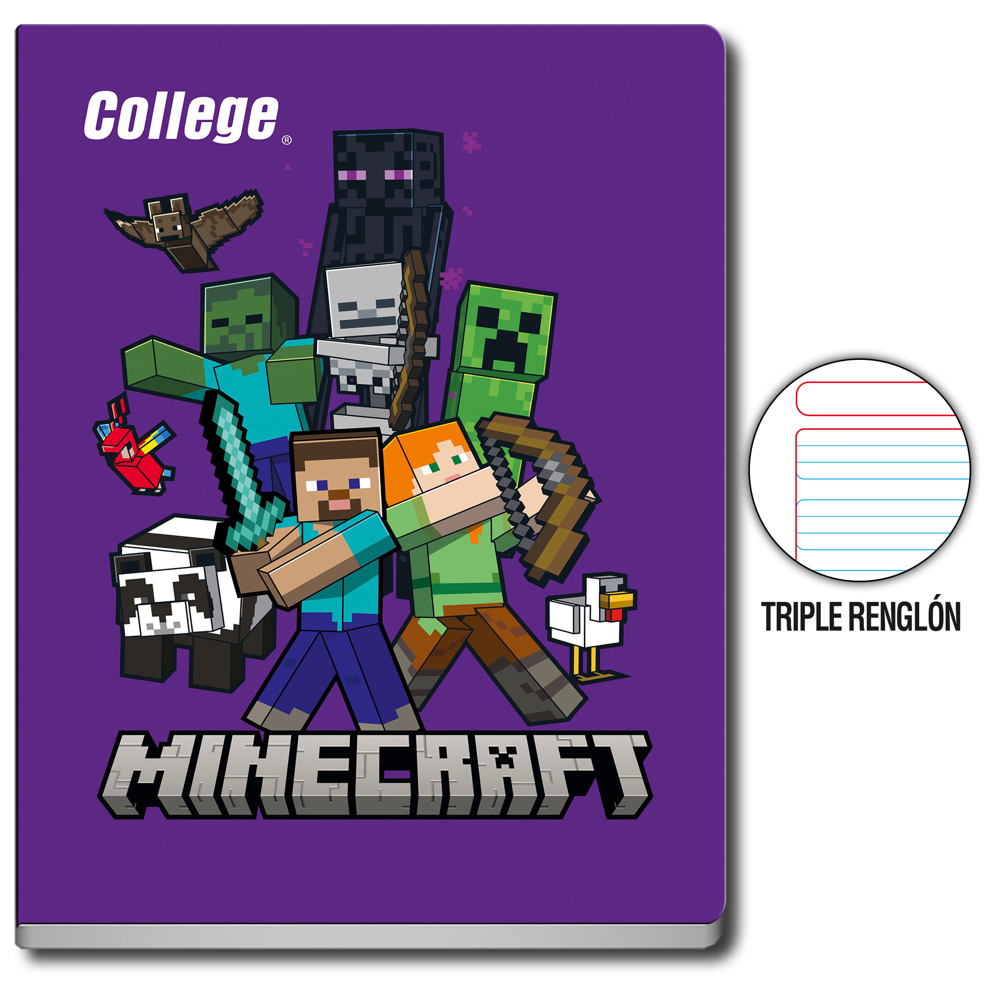 Cuaderno Deluxe Grapados COLLEGE Triple Renglón 80hj Minecraft (Modelos Aleatorios)
