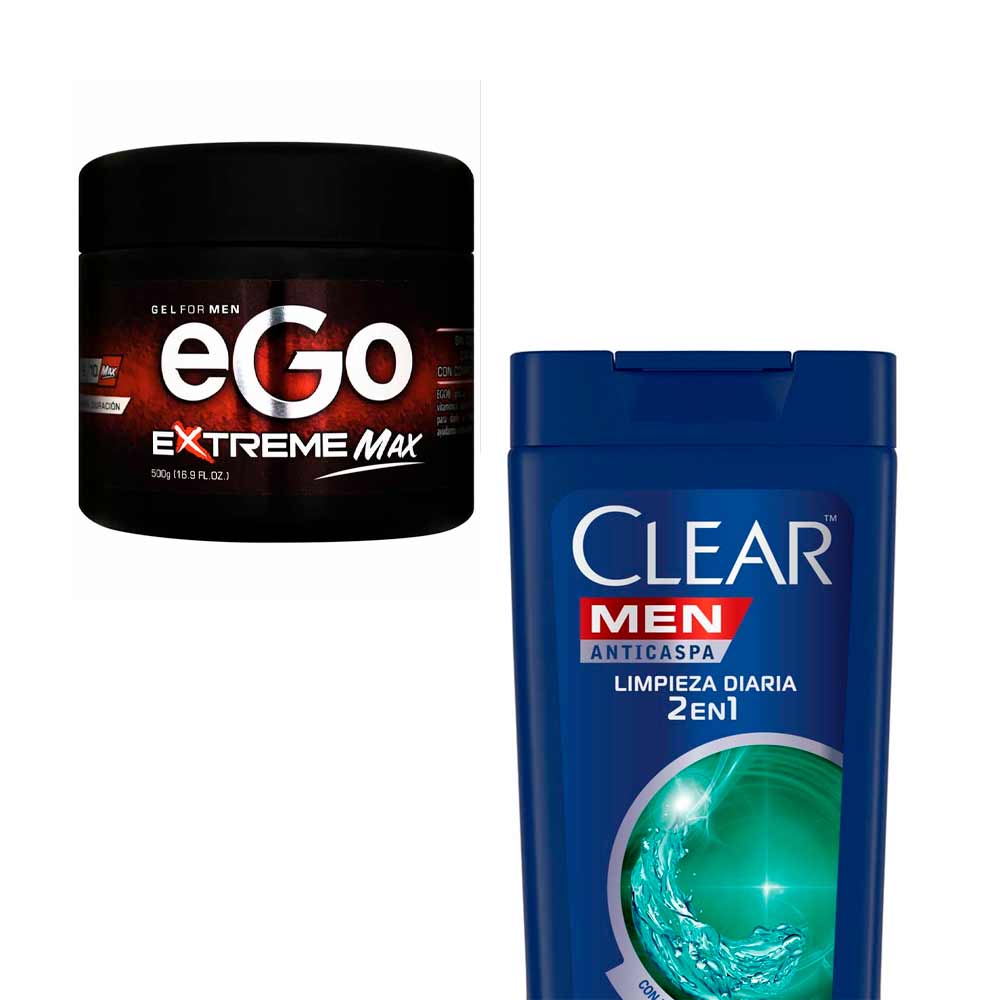 Pack Shampoo CLEAR Men Anticaspa 2 en 1 Dual Effect Frasco 400ml + Gel EGO Extreme Max Frasco 500g