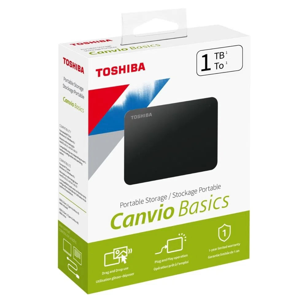 Disco Toshiba Duro Externo 1TB USB 3.0 Canvio Basics Negro Portable Resistente y Caidas