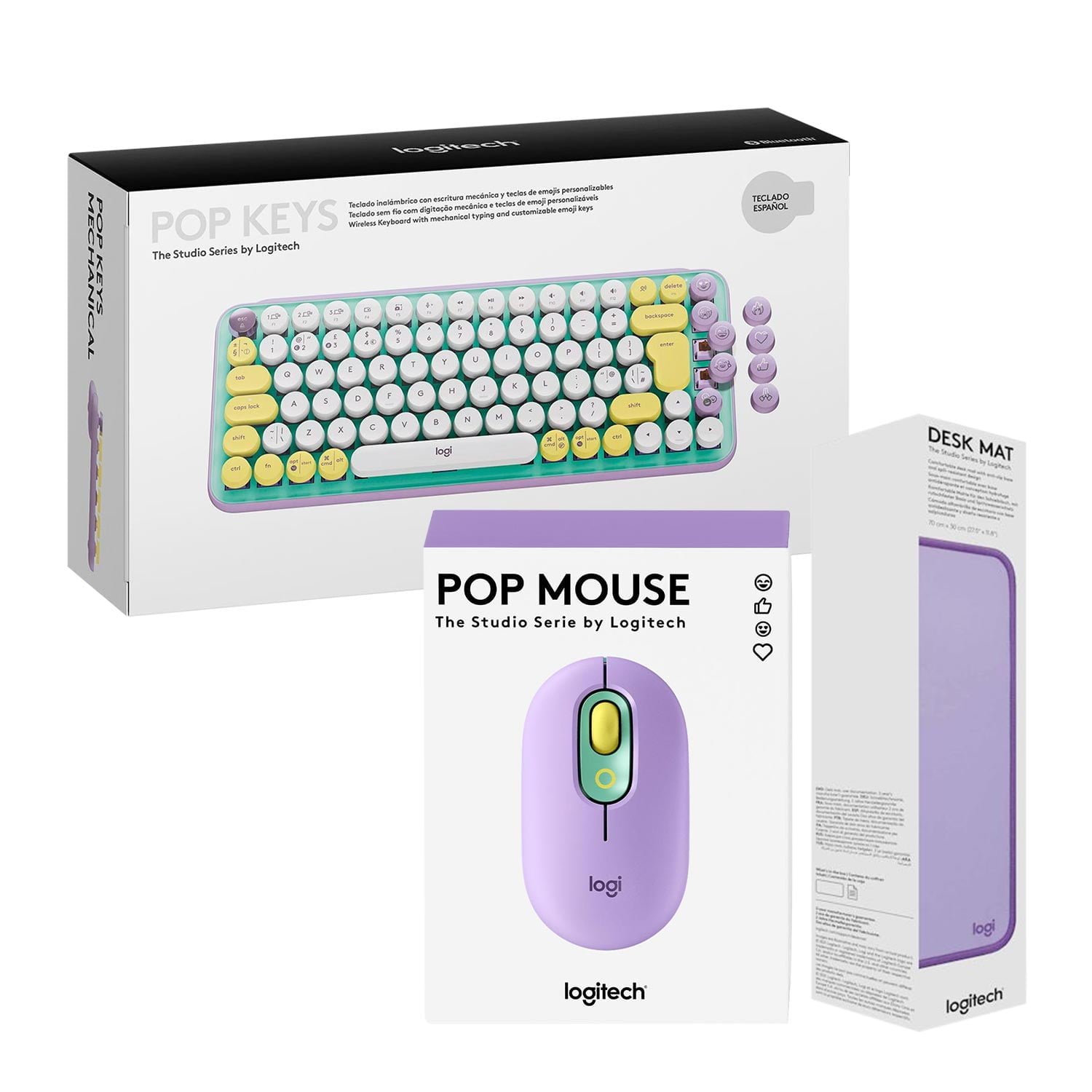Teclado Pop Keys Wireless + Mouse Pop Bluetooth + Pad Mouse Deskpad 300X700Mm Lila/Green