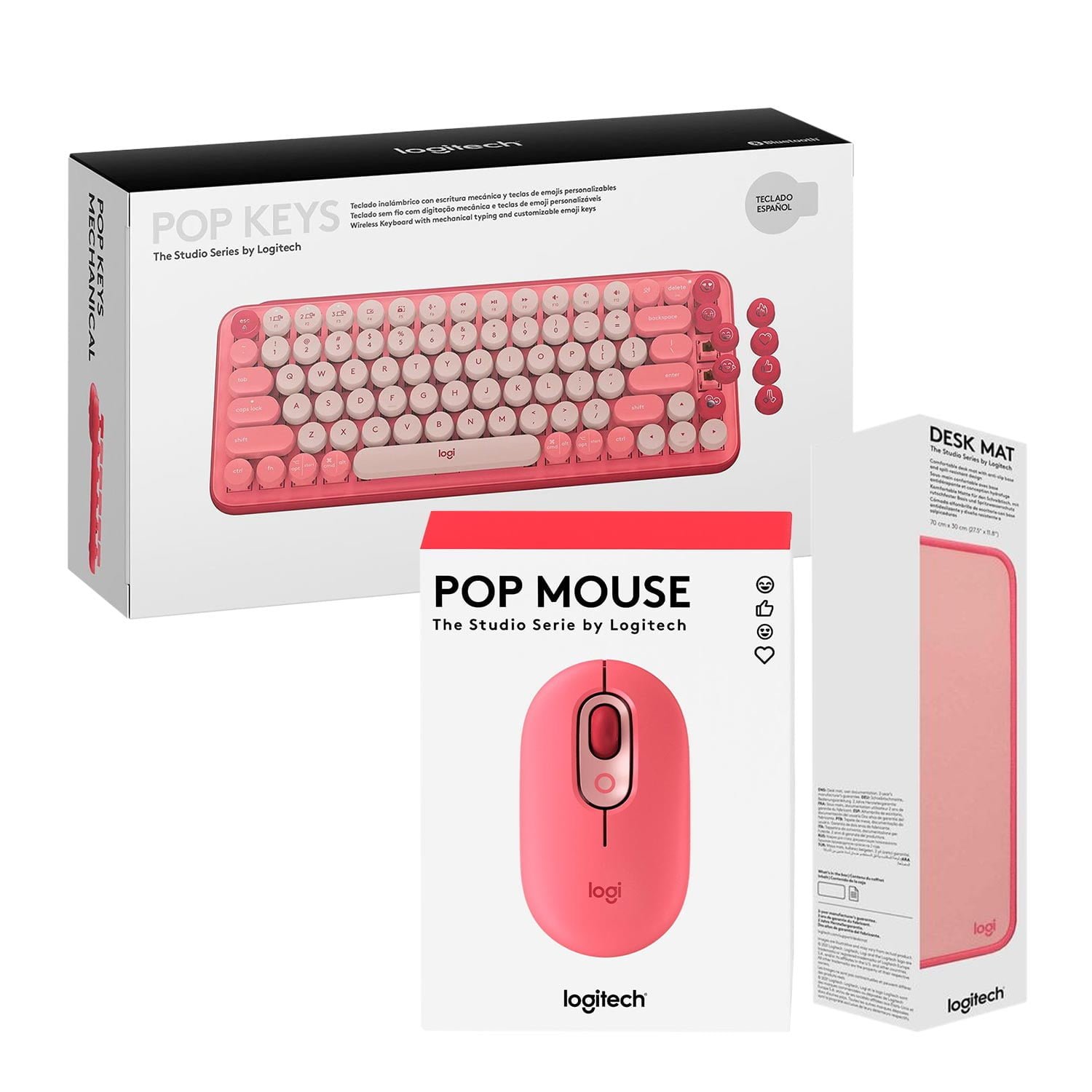 Teclado Pop Keys Wireless + Mouse Pop Bluetooth + Pad Mouse Deskpad 300X700Mm Coral Rose
