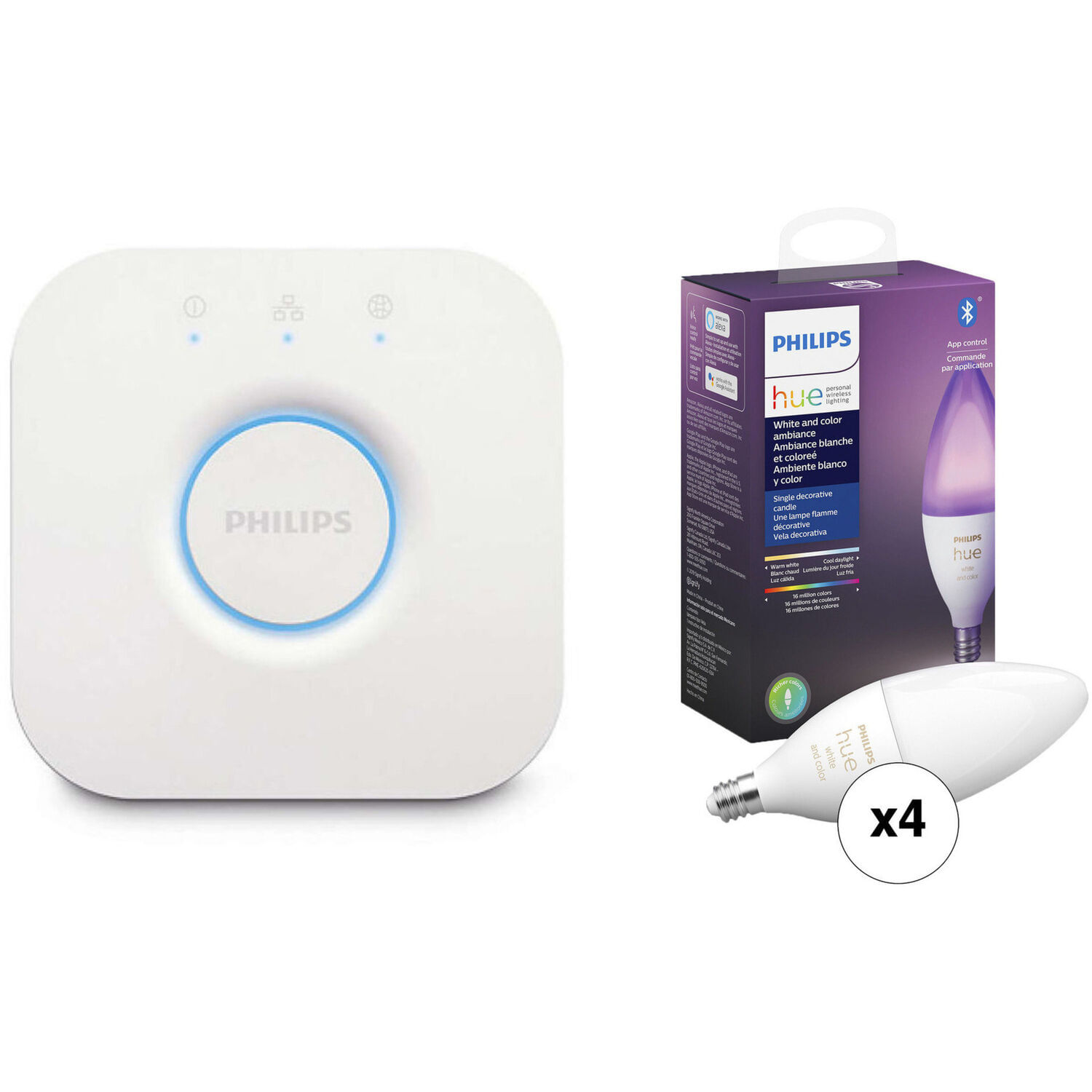 Philips Hue Bridge Y Bombilla E12 con Bluetooth Blanco Y Ambiente de Color Paquete de 4