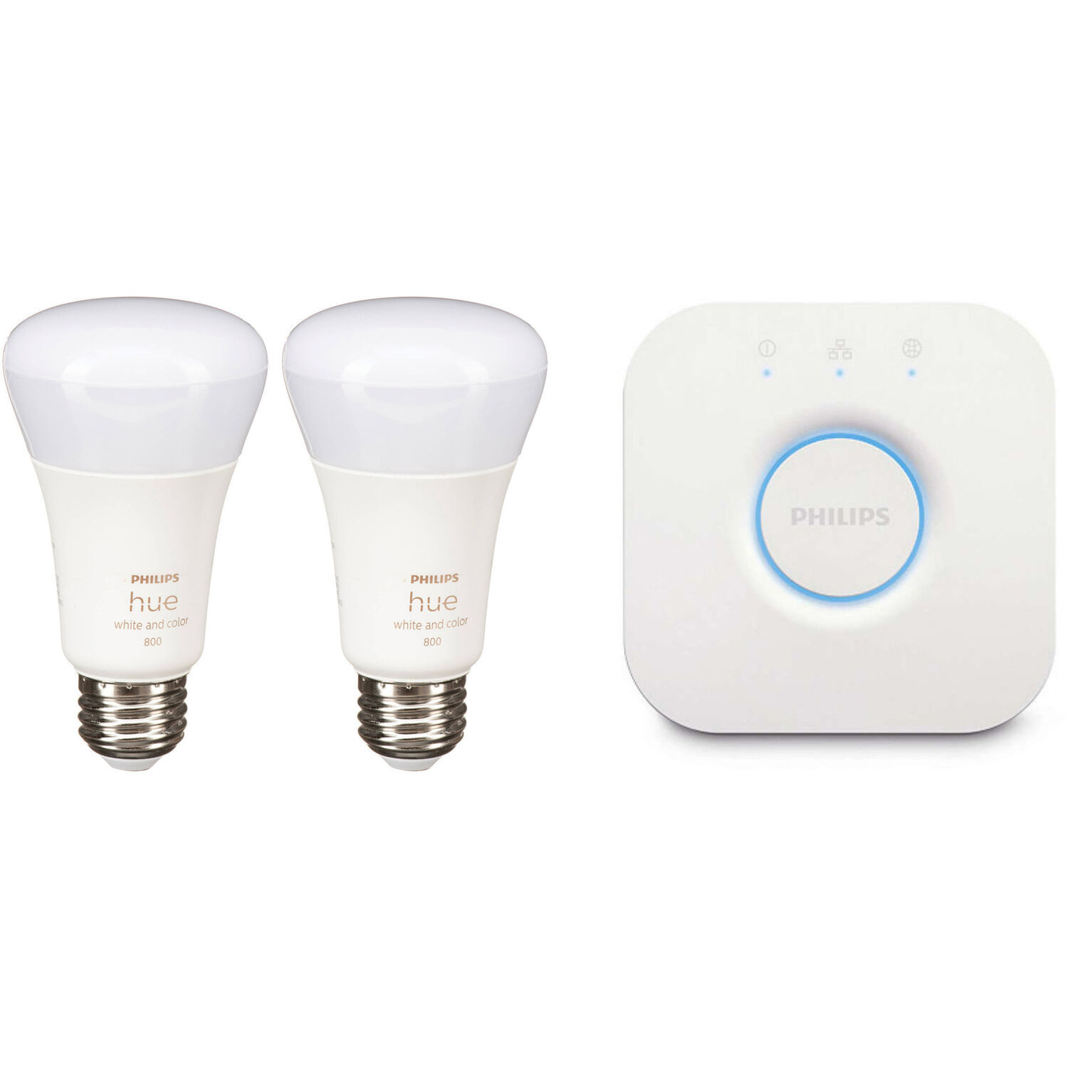 Philips Hue Bridge Y Bombilla A19 con Bluetooth Blanco Y Ambiente de Color Paquete de 2