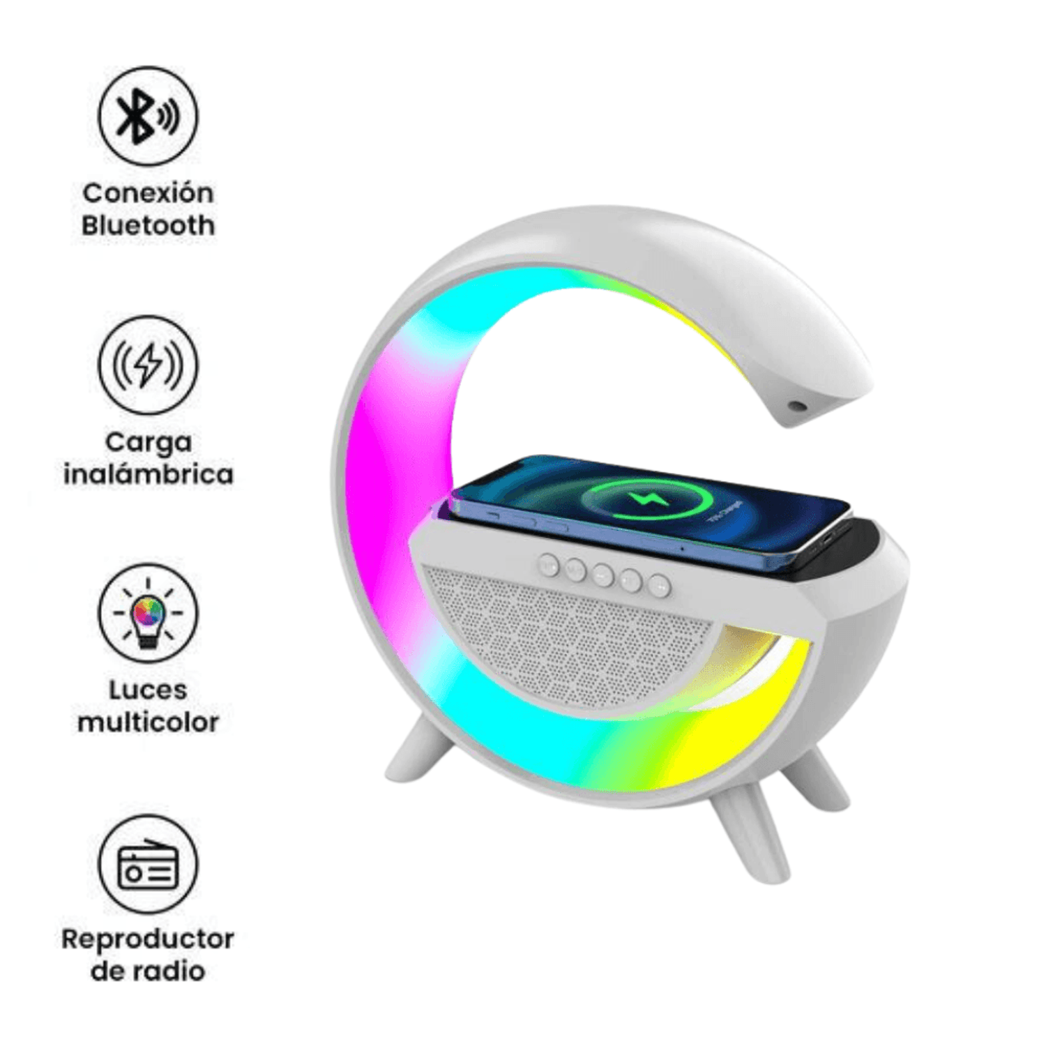 Lámpara G Parlante Bluetooth con Cargador Inalámbrico para Celulares Radio Alarma Reloj