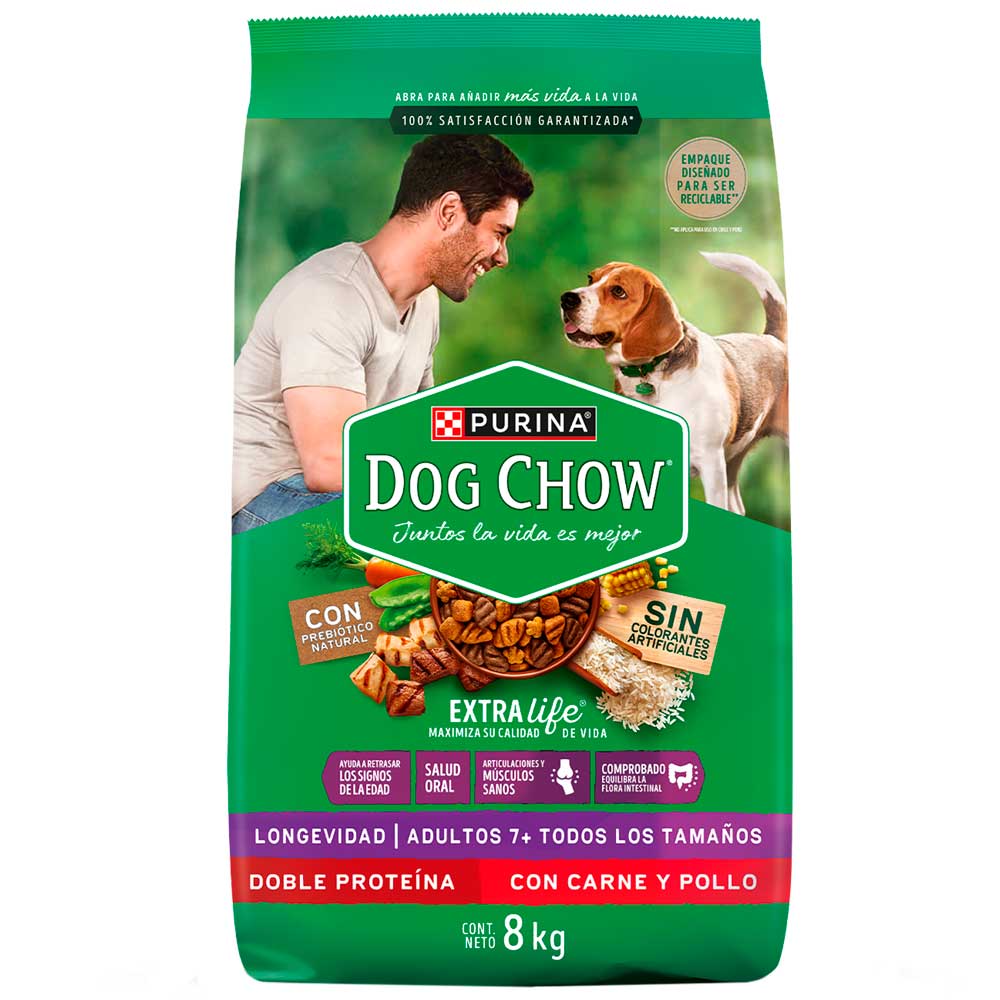 Comida para Perros DOG CHOW Longevidad Adultos 7+  Carne y Pollo Bolsa 8Kg
