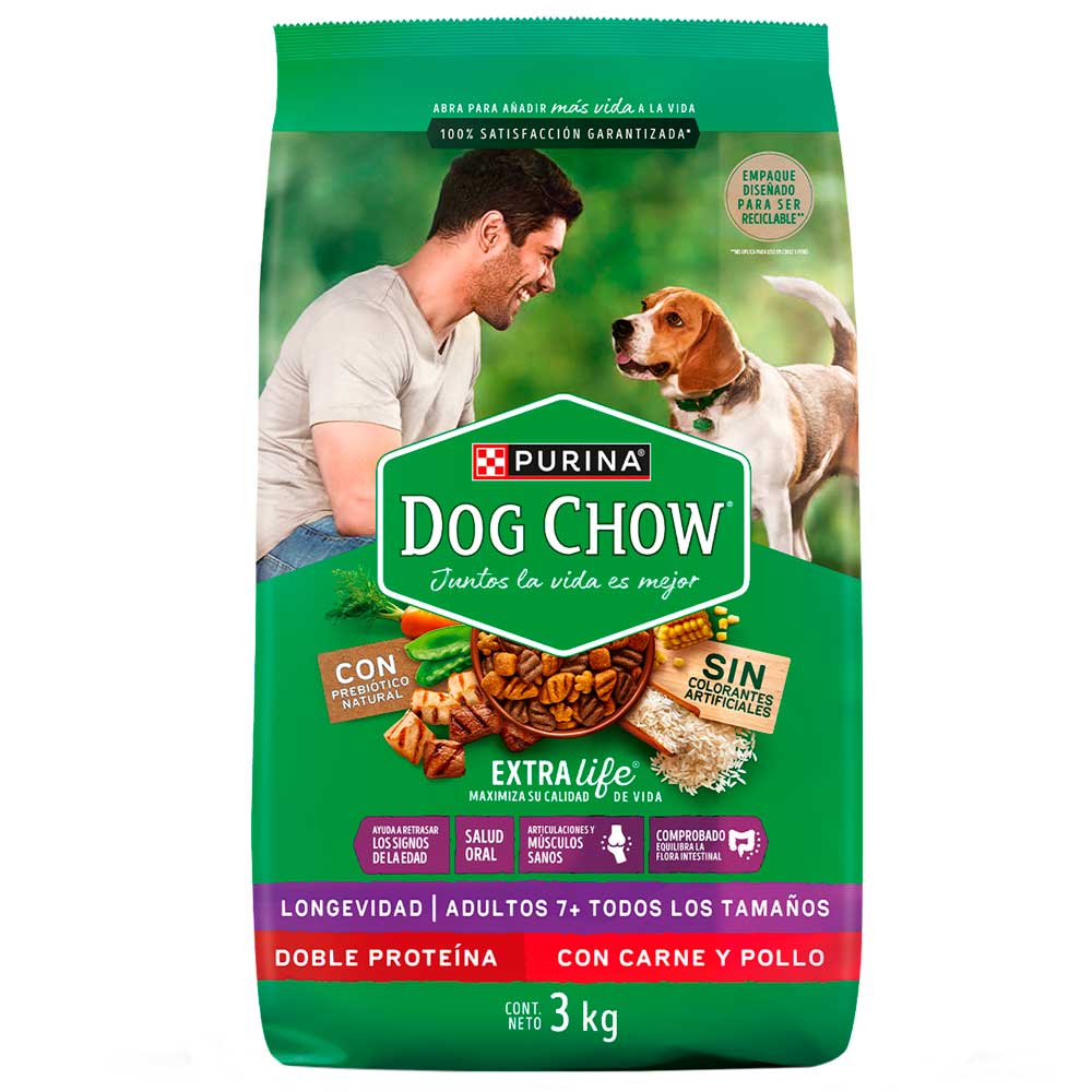 Comida para Perros DOG CHOW Longevidad Adultos 7+  Carne y Pollo Bolsa 3Kg