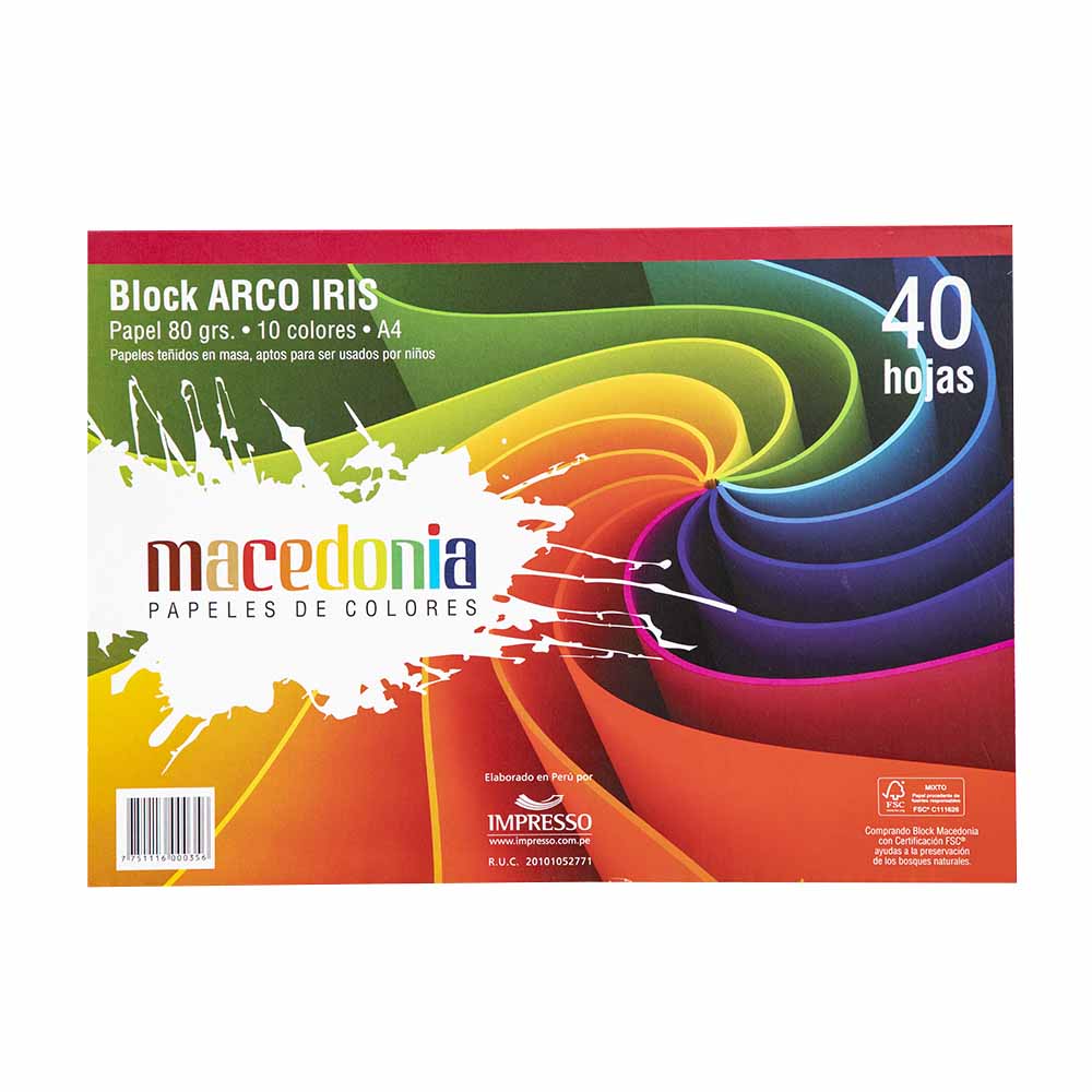 Papeles de Colores MACEDONIA A4 Block Arcoiris Paquete 40 Hojas
