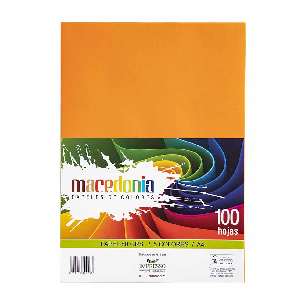 Papeles de Colores MACEDONIA A4 5 Colores Paquete 100 Hojas