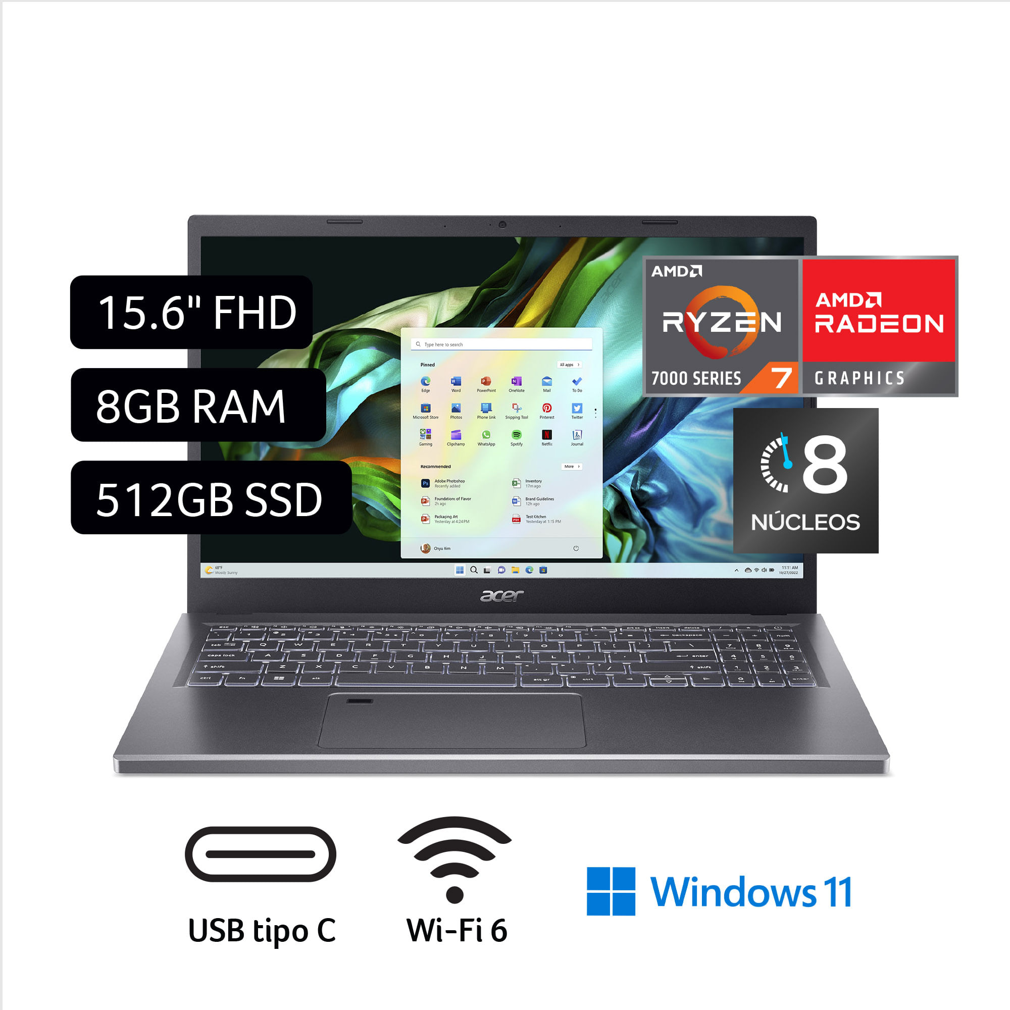 Laptop ACER Aspire 5 A515-48M-R2G6 15.6" AMD Ryzen 7 (7000 series) 8GB 512GB SSD