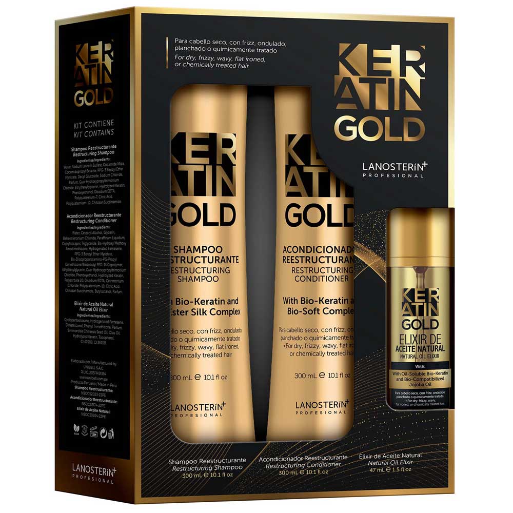 Pack LANOSTERIN Keratin Gold Shampoo 300ml + Acondicionador 300ml + Elixir de Aceite 47ml