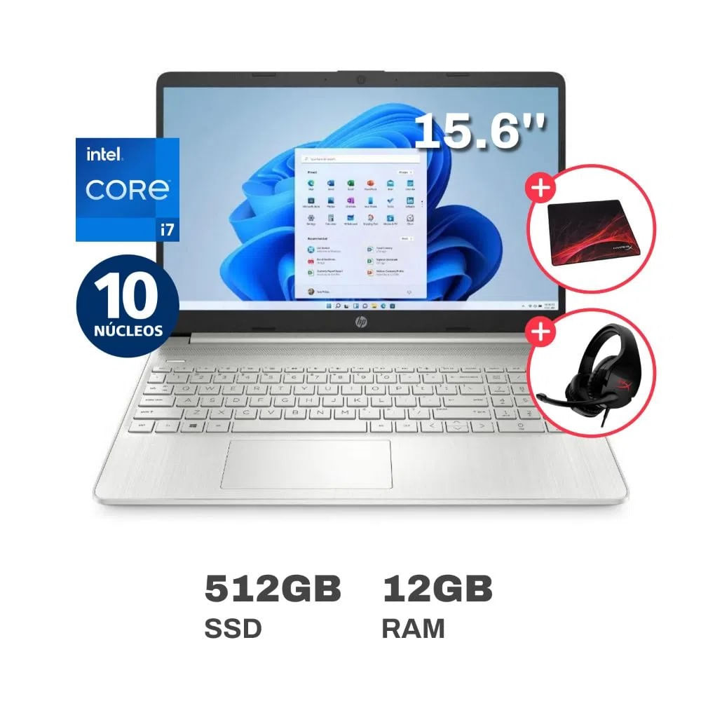 Laptop HP 15-dy5010la Intel Core I7 1255U 12gb 512gb SSD 15.6 Fhd window 11 Color Plata + KIT HYPERX