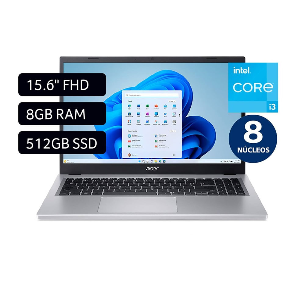 Laptop Acer A315-510P-39J2 15.6" Intel Core i3 512GB SSD 8GB Plata