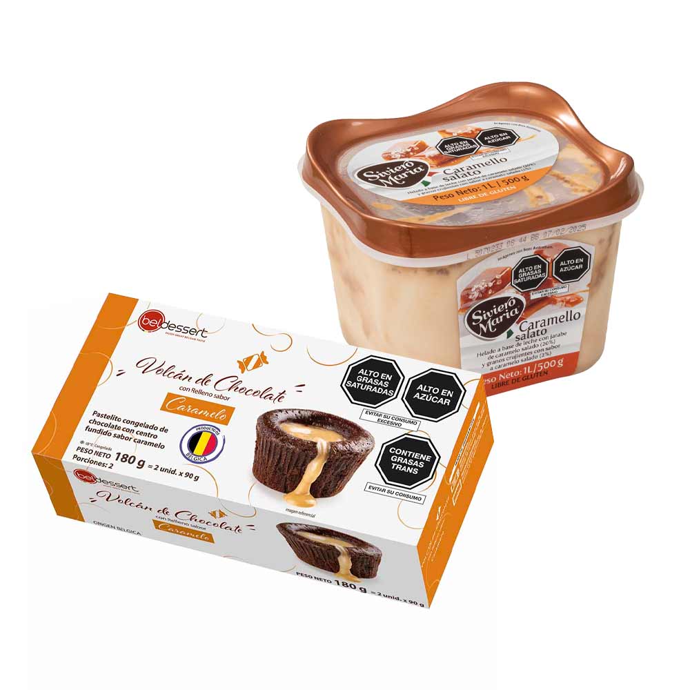 Pack Helado SIVIERO MARIA Caramello Salato Pote 1L + Volcán de Chocolate con Relleno de Caramelo BELDESSERT 90g Caja 2un