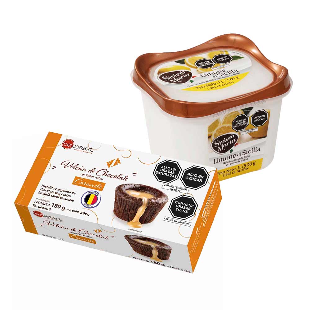 Pack Helado SIVIERO MARIA Limone di Sicilia Pote 1L + Volcán de Chocolate con Relleno de Caramelo BELDESSERT 90g Caja 2un