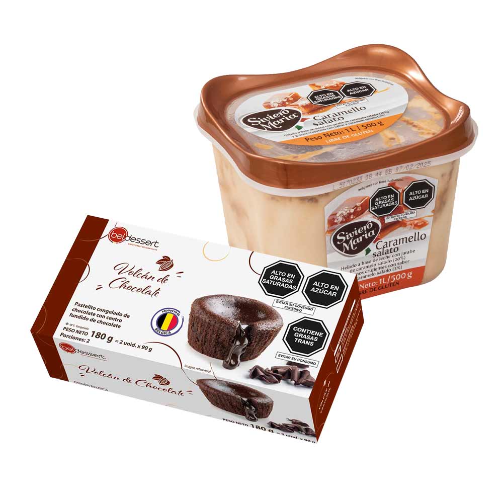 Pack Helado SIVIERO MARIA Caramello Salato Pote 1L + Volcán de Chocolate BELDESSERT 90g Caja 2un