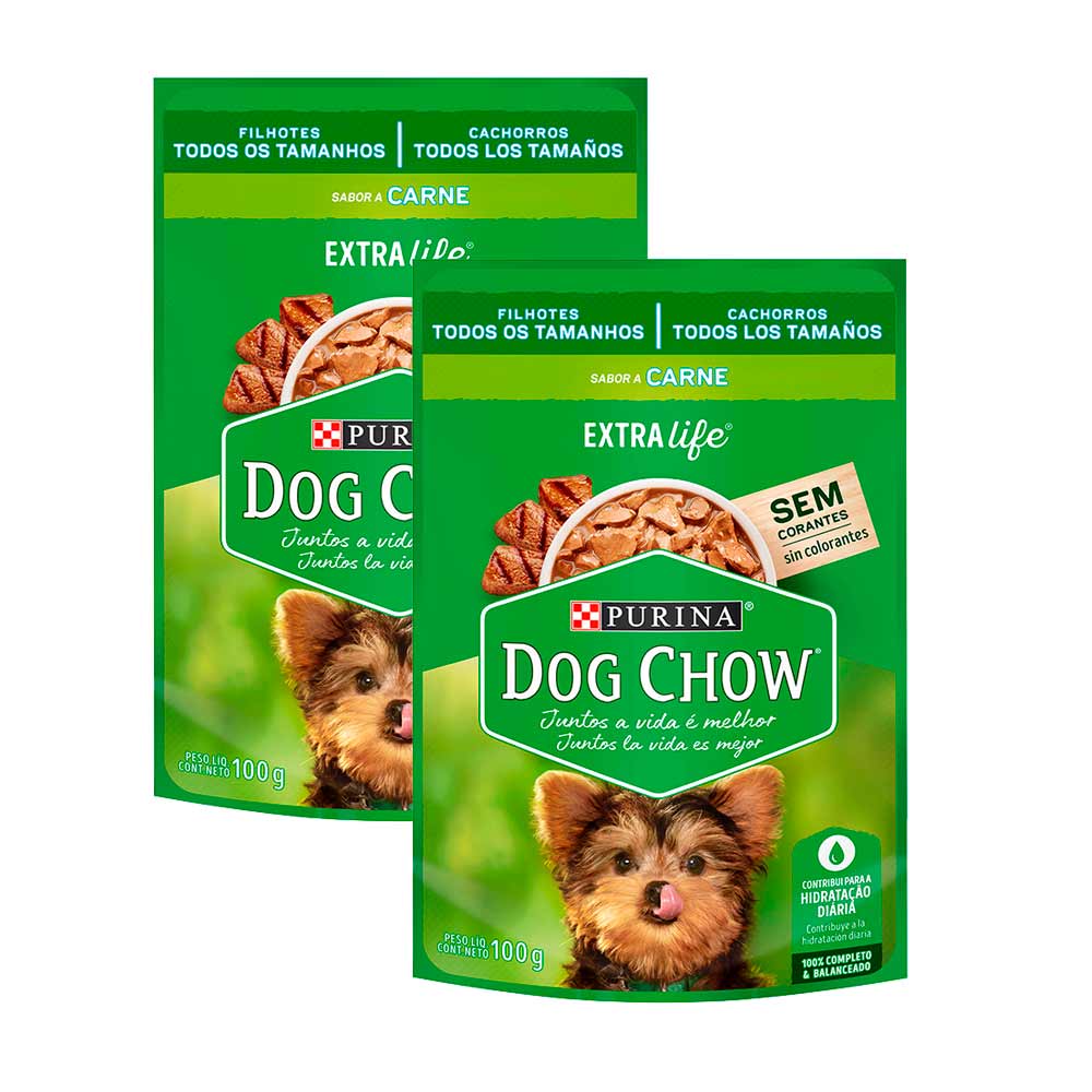 Pack Comida para Perros DOG CHOW Cachorros Razas Pequeñas Sabor Carne, Leche y Arroz Pouch 100g Sobre 2un