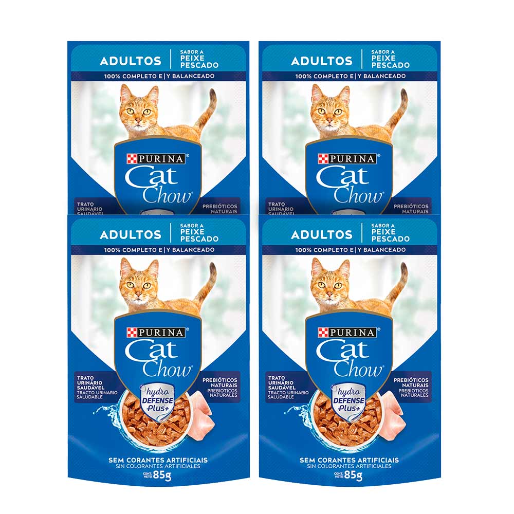 Pack Comida para Gatos CAT CHOW Adultos Pescado y Mariscos Pouch 85g x 4un