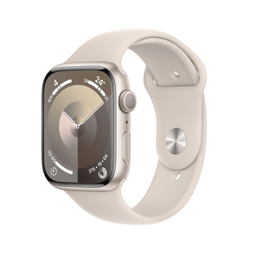 Apple Watch Series 9 GPS - Caja de aluminio blanco estrella 45 mm - Correa deportiva blanco estrella - Talla S/M