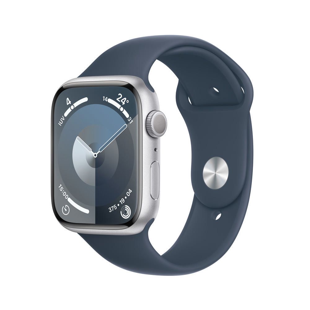 Apple Watch Series 9 GPS - Caja de aluminio plata 45 mm - Correa deportiva azul tempestad - Talla M/L