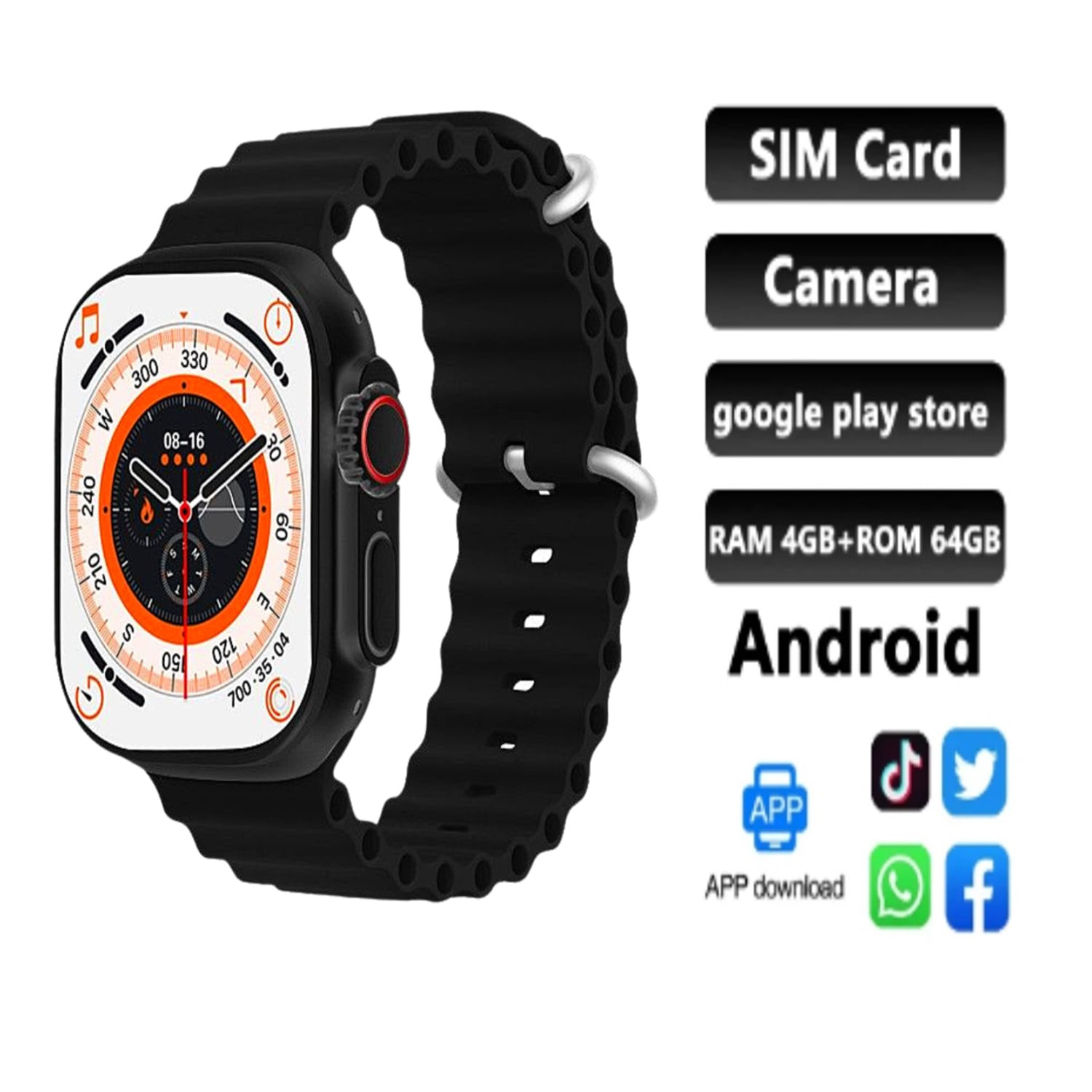 Smartwatch Ultra S9 con android 64GB Play Store y doble Cámara Negro