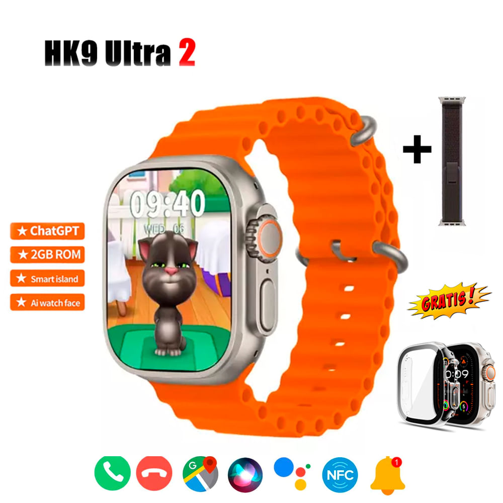 Smartwatch HK9 Ultra 2 Naranja Chat GPT IA doble correa Gratis Case Protector