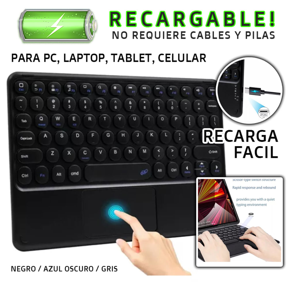 Teclado Bluetooth Recargable Negro con Mouse Touchpad p Tablet Ipad