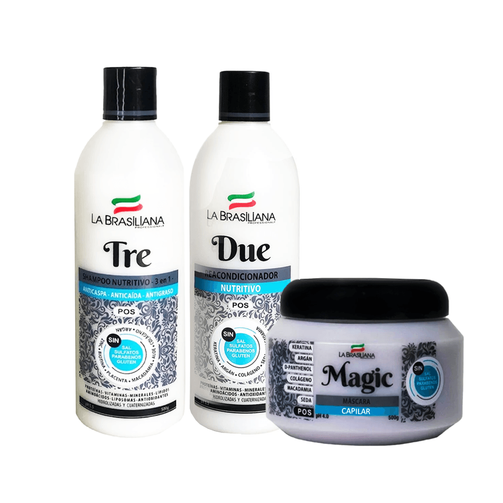 Shampoo Tre 500 ml + Reacondicionador Due 500ml y Mascara Capilar Pos la Brasiliana 250gr