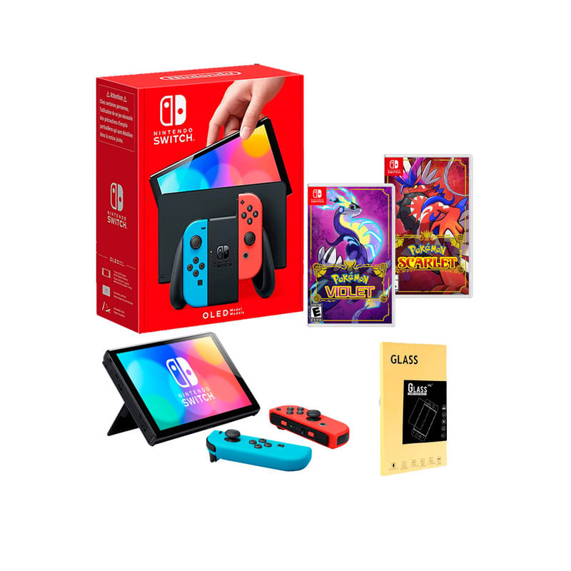 Consola Nintendo Switch Oled Neon + Pokemon Violet + Pokemon Scarlet + Mica