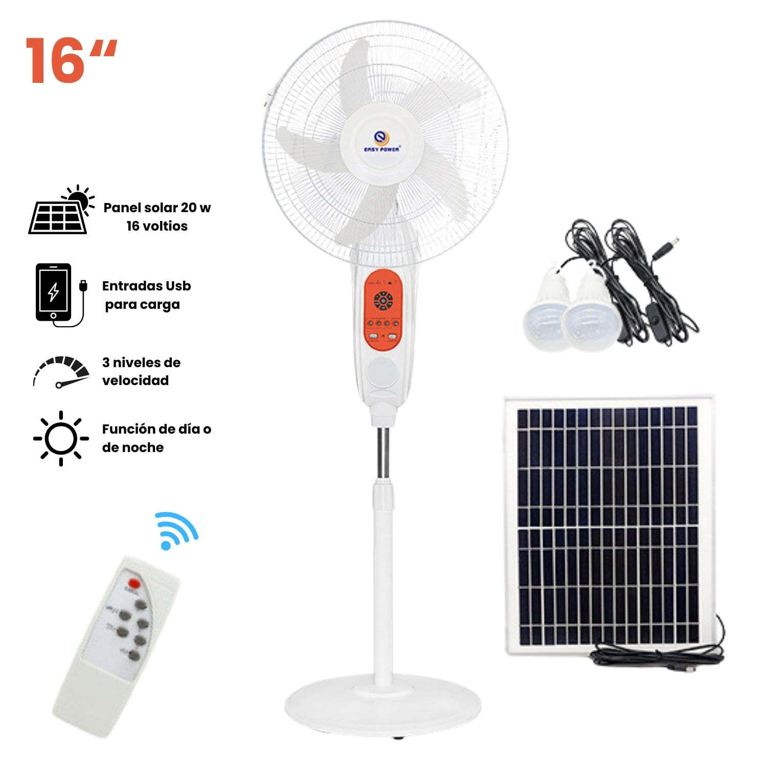 Ventilador Solar Recargable con Control Remoto y Luz LED 3 en 1