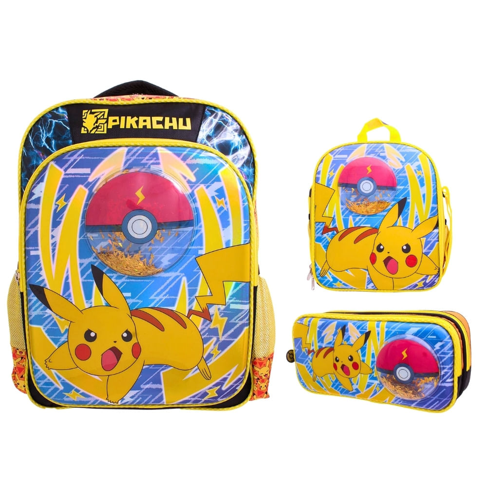 Pack Escolar Mochila Pokemon 3D Pikachu y Pokebola