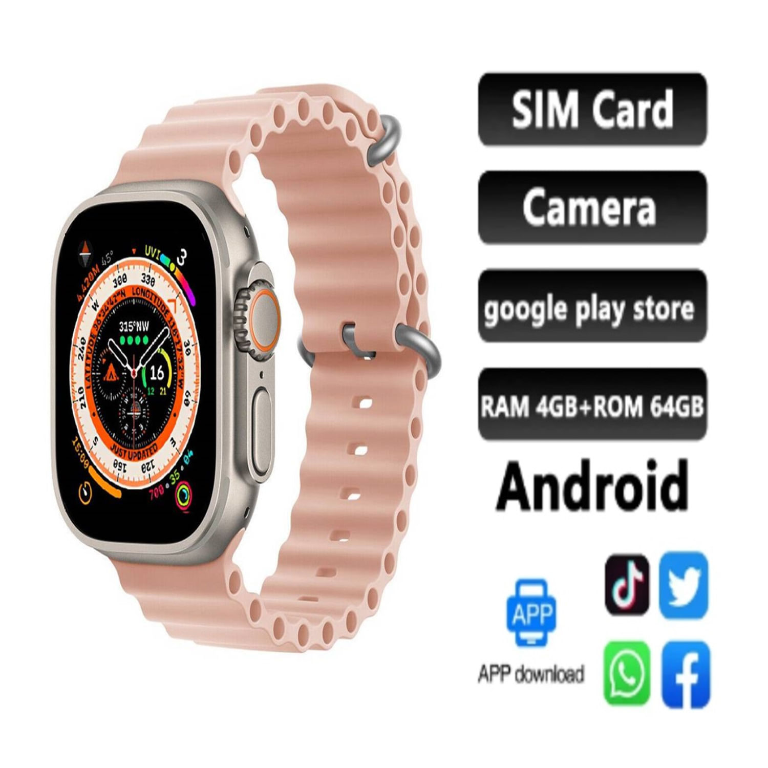 Smartwatch ULTRA S9 con android 64GB Play Store y doble Cámara Rosado