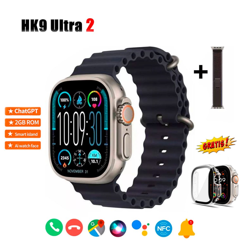 Smartwatch HK9 Ultra 2 Negro Chat GPT IA doble correa Gratis Case Protector