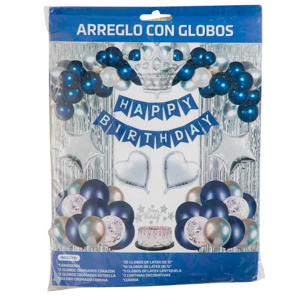 Set de Cumpleaños CLASS&WORK Globos-Cortina Plateado