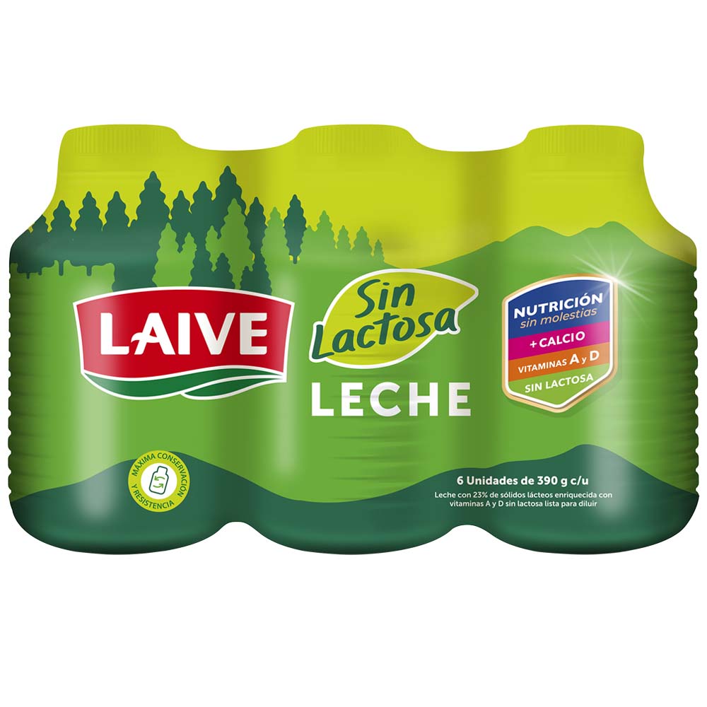Leche sin Lactosa LAIVE Botella 390g Paquete 6un