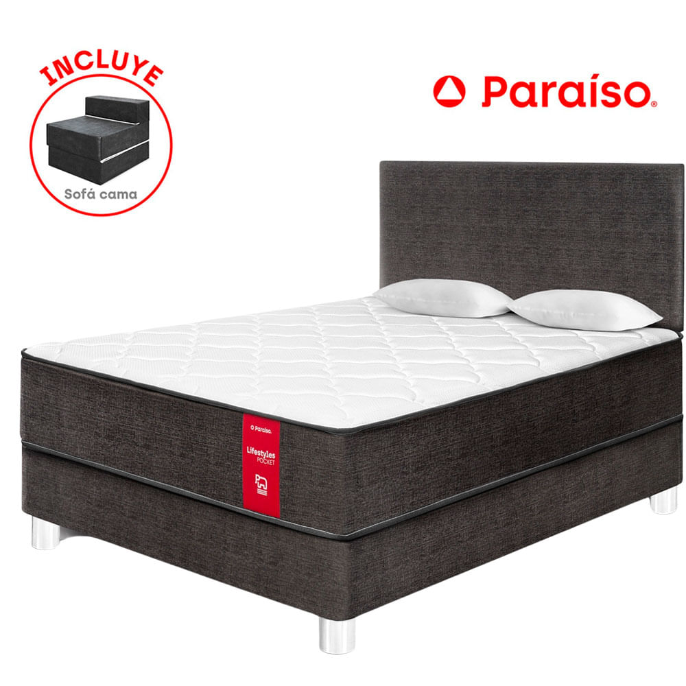 Dormitorio PARAISO Lifestyles Pocket Acero 2 Plazas + Sofá Cama + 2 Almohadas + 1 Protector