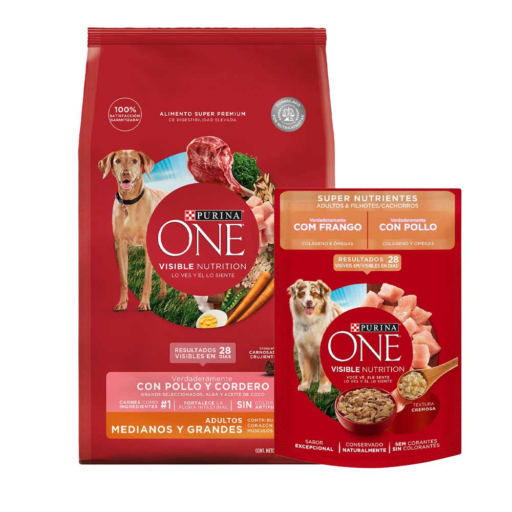 Pack PURINA ONE Alimento Húmedo Perros: Adulto y Cachorro Sabor Pollo 85g + Alimento Adultos Medianos y Grandes Sabor Cordero 12kg