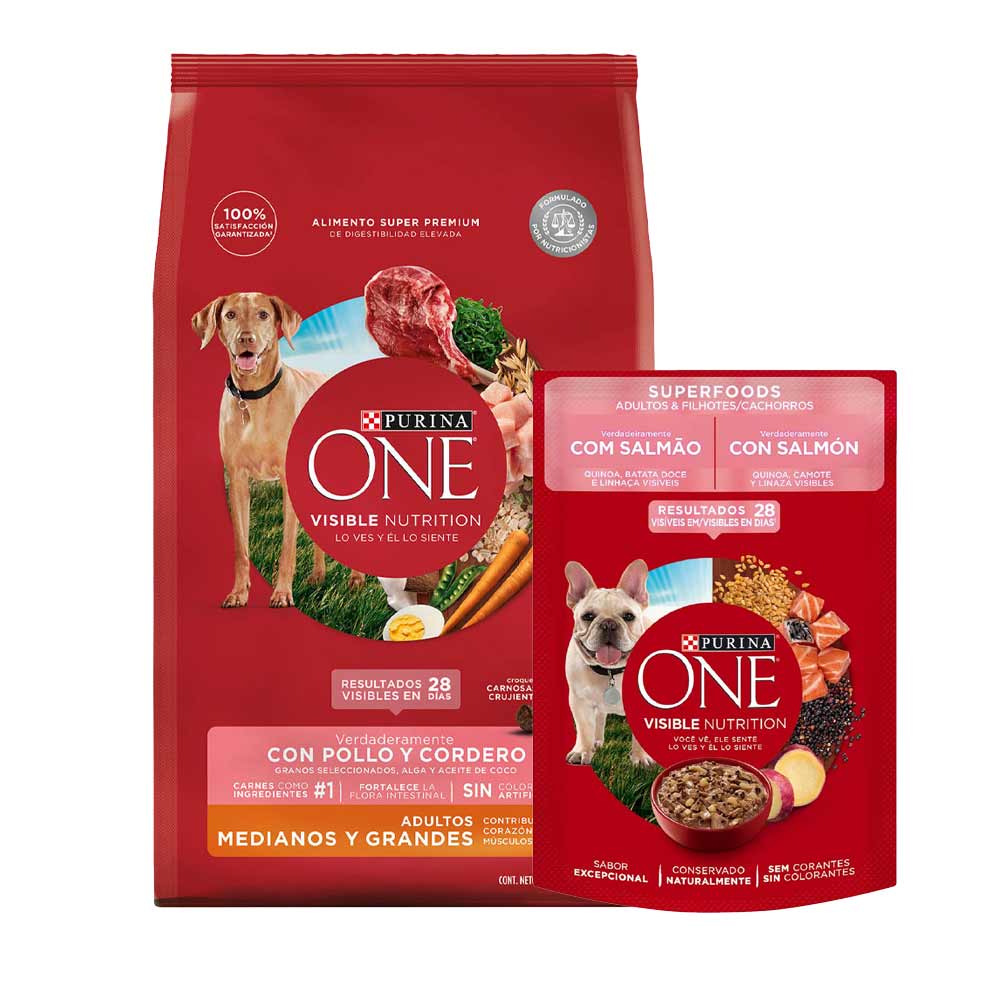 Pack PURINA ONE Alimento Húmedo Perros: Adulto y Cachorro Sabor Salmón 85g + Alimento Adultos Medianos y Grandes Sabor Cordero 12kg