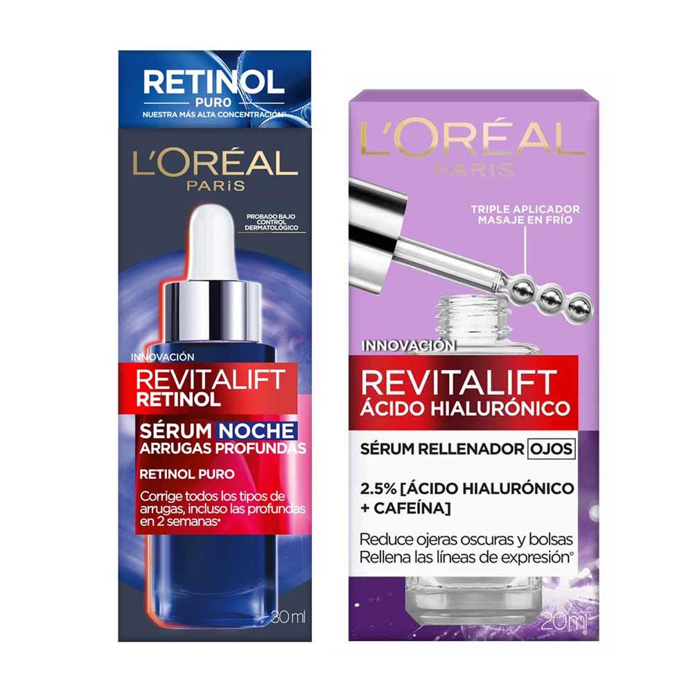 Pack Sérum Rellenador Ojos L'ORÉAL con Ácido Hialurónico 20ml + Sérum de Noche Revitalift Retinol Anti Arrugas L'Oréal Paris Skin Care 30ml