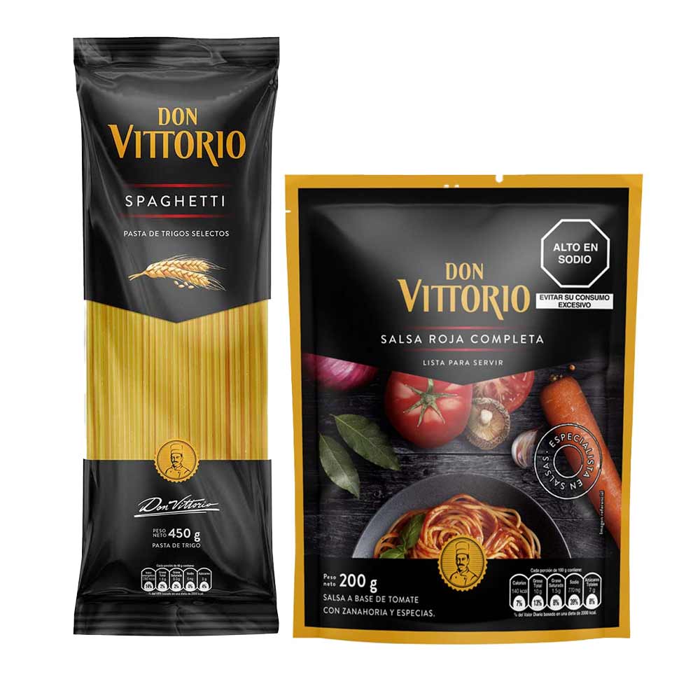 Pack Fideo Spaghetti DON VITTORIO Bolsa 450g + Salsa Roja de Tomate DON VITTORIO Doypack 200g
