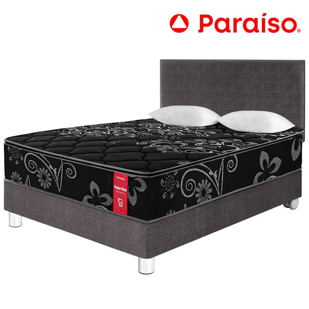 Dormitorio PARAISO Super Star Negro 2 Plazas Acero + 2 Almohadas + 1 Protector